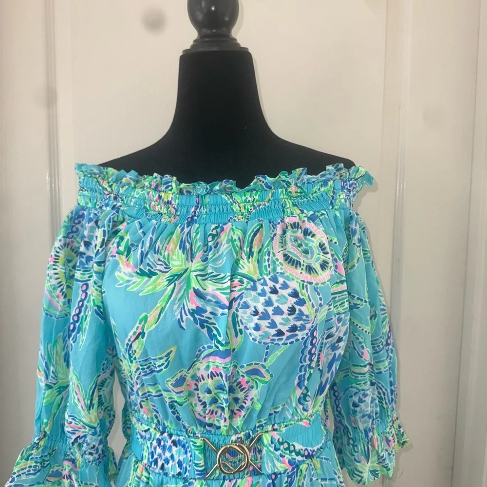 Lilly Pulitzer Sz XS Louisa off the shoulder Dress Turtle Season - Picture 6 of 15